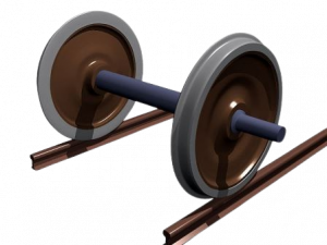 3D visualization of train wheels and rails.