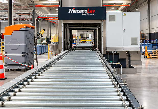 MecanoLav cleaning machine in line with a roller conveyor for loading automotive parts