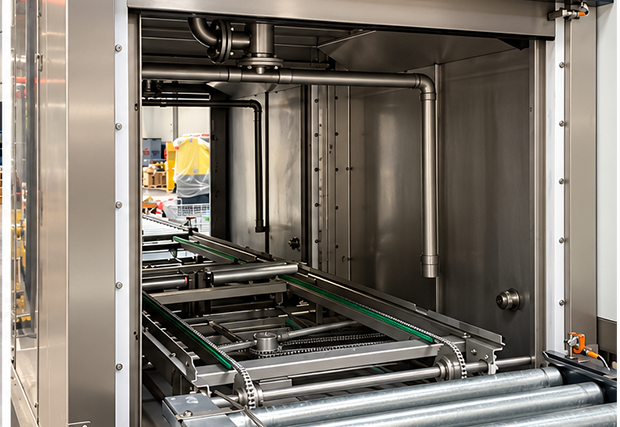 Inside a MecanoLav cleaning machine with a chain conveyor between the washing chambers