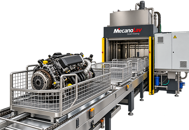 MecanoLav cleaning machine with conveyor and basket loaded with an automotive engine to be cleaned