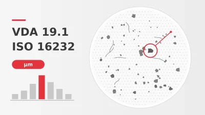 Diagram of a filter membrane with particles and a size histogram for VDA 19.1 and ISO 16232 cleanliness inspection